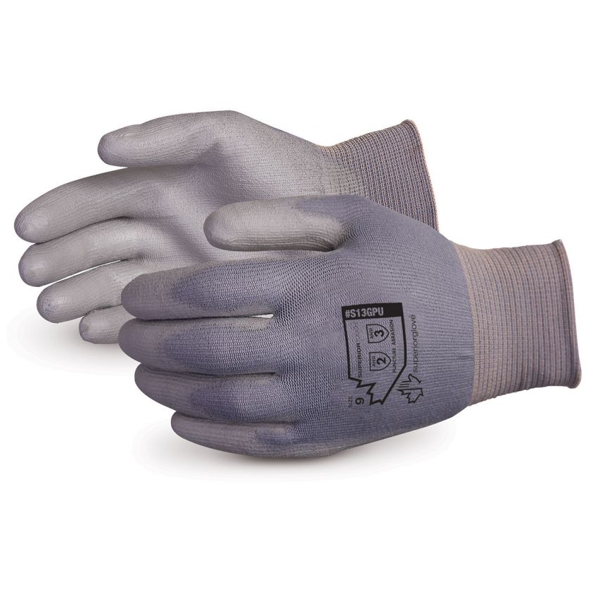 #S13GPU Superior Glove® Superior Touch® 13-gauge Grey Non-Linting Nylon Knit Gloves w/ Polyurethane Palms